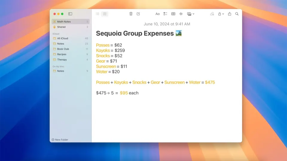 Math Notes tự tính toán trong ứng dụng Ghi chú macOS Sequoia