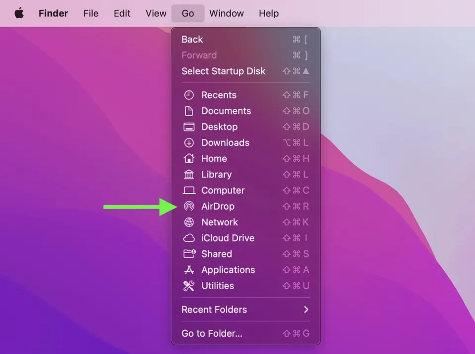 Menu Đi (Go) của Finder với mục AirDrop