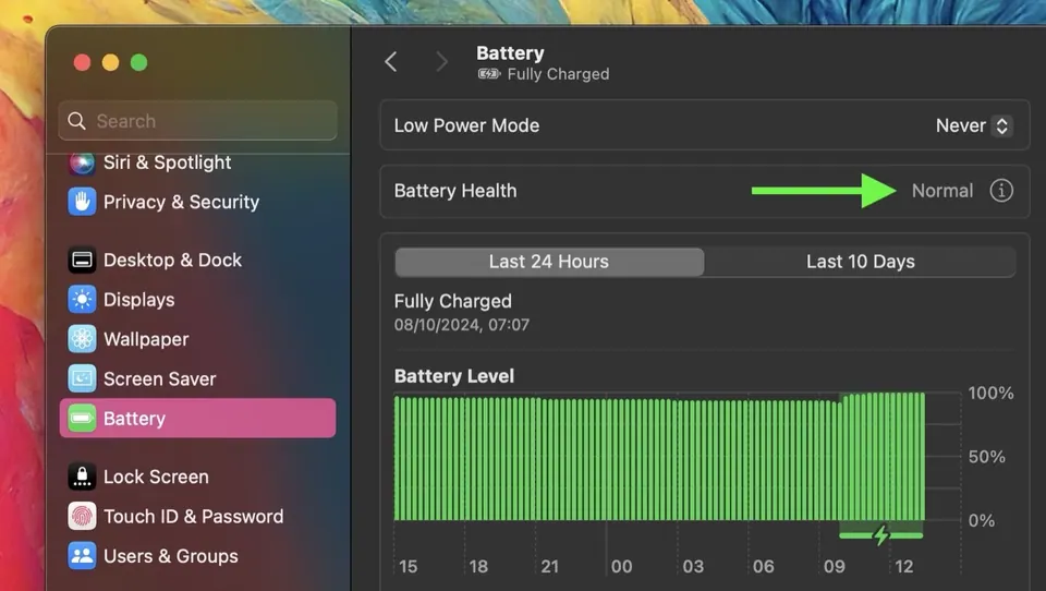 Mục Pin trong Cài đặt hệ thống macOS hiển thị Battery Health và biểu đồ mức pin