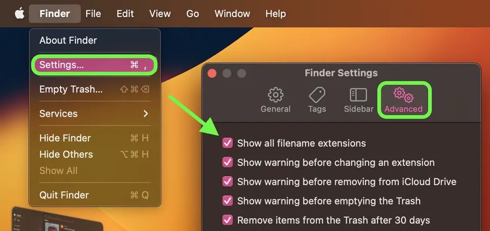 Menu Finder, Cài đặt, tab Nâng cao với tuỳ chọn Show all filename extensions đã bật