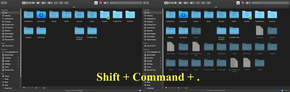 Cửa sổ Finder trước và sau khi bấm Shift Command dấu chấm để hiện file ẩn