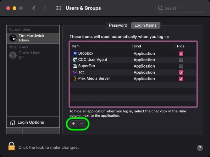 Tab Login Items trong Users & Groups trên macOS liệt kê các app tự mở khi đăng nhập