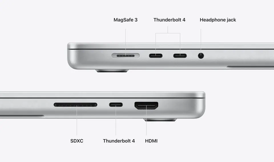 Cổng HDMI, Thunderbolt, khe SD và MagSafe 3 ở hai cạnh MacBook Pro