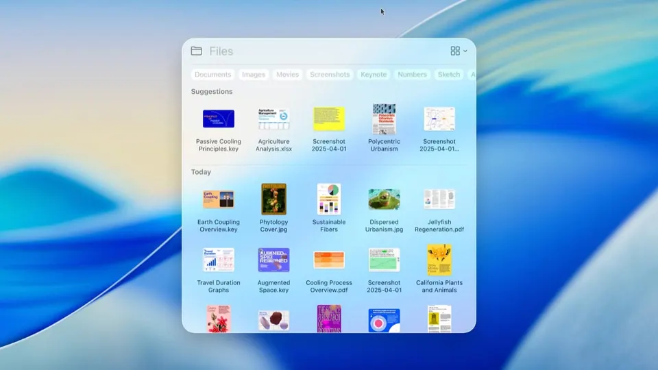 Cửa sổ Spotlight trên macOS hiển thị gợi ý tệp theo từng loại
