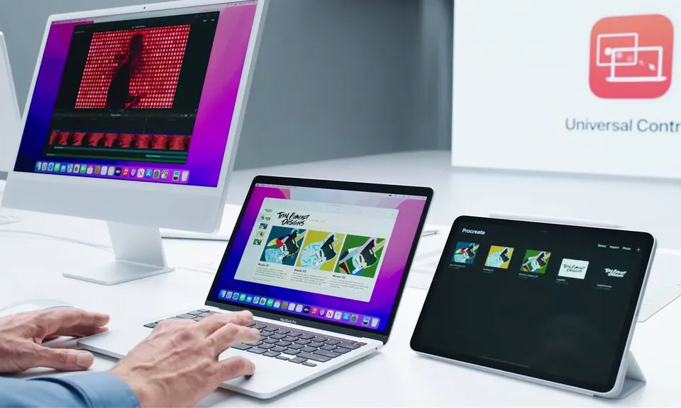 Một bộ bàn phím và chuột điều khiển MacBook, iPad và iMac đặt cạnh nhau