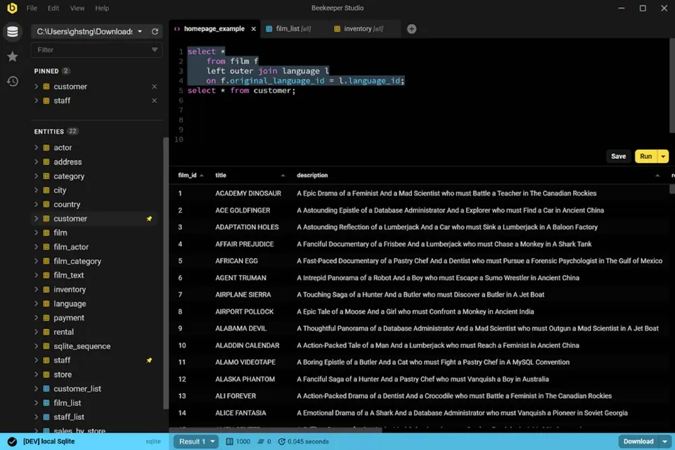 Giao diện SQL Editor của Beekeeper Studio. (Ảnh: GitHub beekeeper-studio)