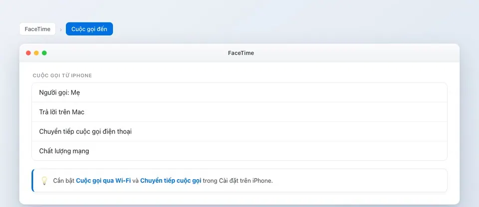 Nhận cuộc gọi FaceTime chuyển tiếp từ iPhone trên Mac