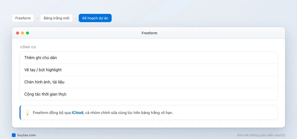Bảng trắng Freeform trên macOS với ghi chú dán và công cụ vẽ