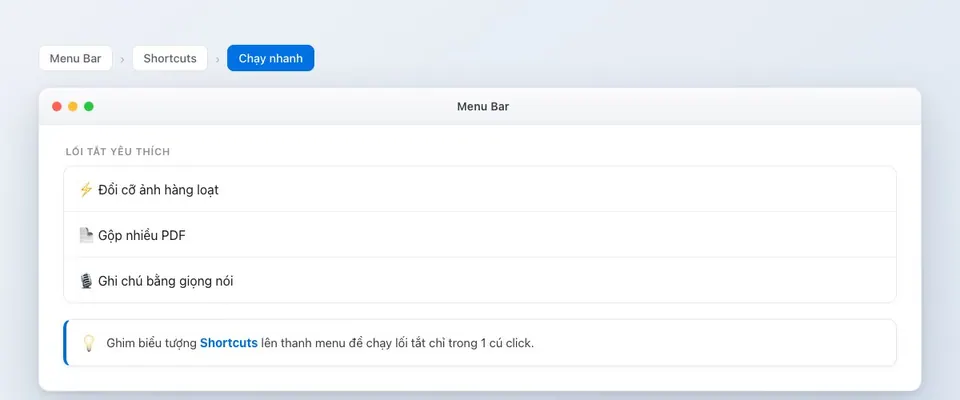 Chạy nhanh shortcut từ thanh menu bar macOS