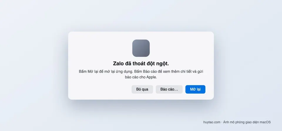 Hộp thoại ứng dụng đã thoát đột ngột trên MacBook với nút Mở lại