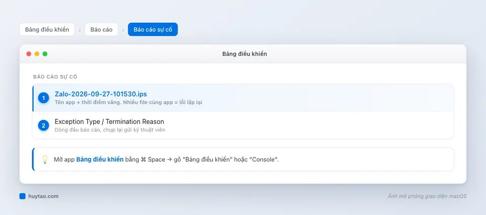 Mục Báo cáo sự cố trong app Bảng điều khiển trên MacBook