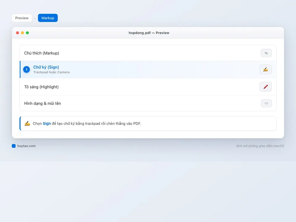 Thanh công cụ Markup với chức năng ký tên trong Preview trên macOS