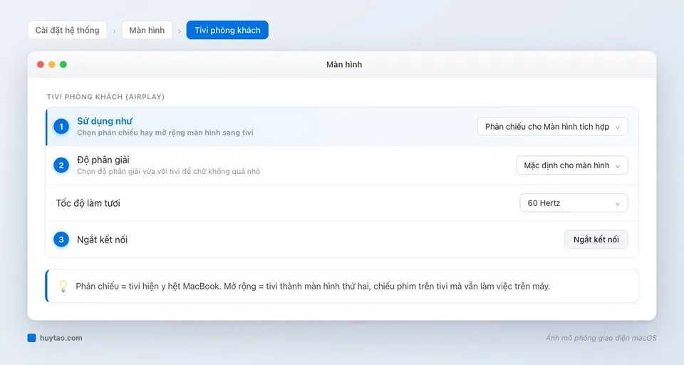 Mô phỏng mục Màn hình trong Cài đặt hệ thống khi MacBook kết nối tivi