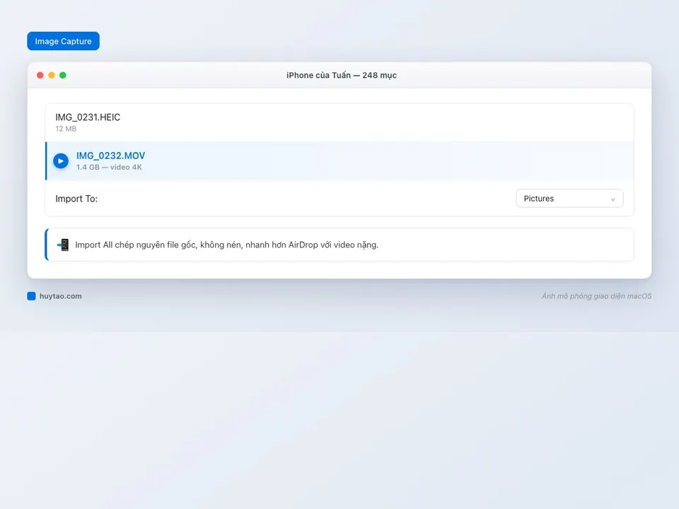 Ứng dụng Image Capture hiển thị danh sách ảnh video từ iPhone trên macOS
