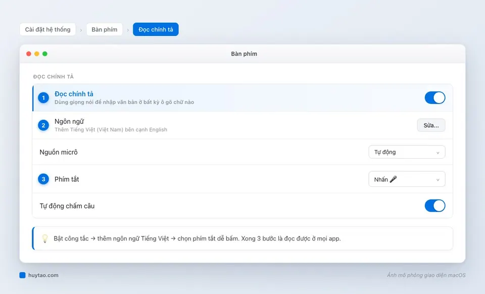 Cài đặt Đọc chính tả trong mục Bàn phím của macOS