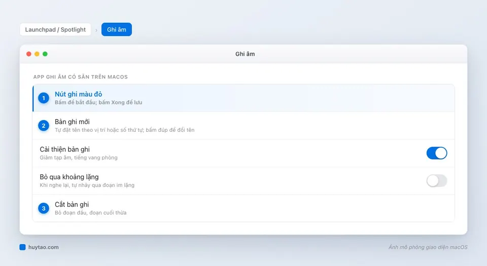 App Ghi âm trên MacBook với nút ghi, Cải thiện bản ghi và Bỏ qua khoảng lặng