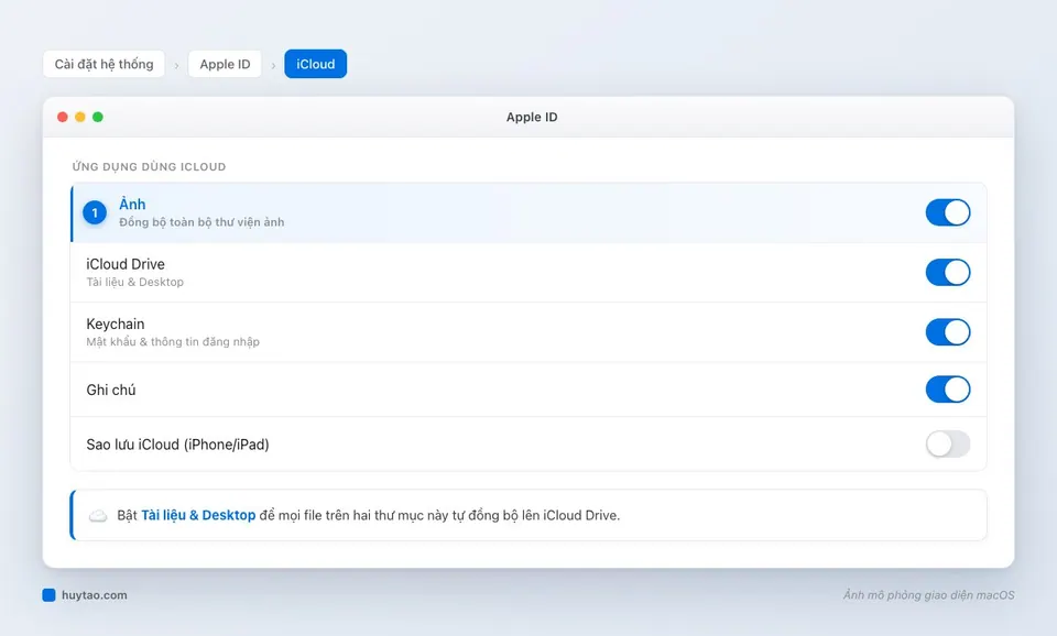 Màn hình Cài đặt hệ thống mục iCloud với các công tắc bật đồng bộ Ảnh, iCloud Drive, Keychain