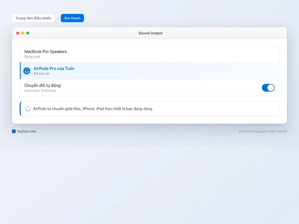 Danh sách thiết bị âm thanh với AirPods trong Trung tâm điều khiển macOS