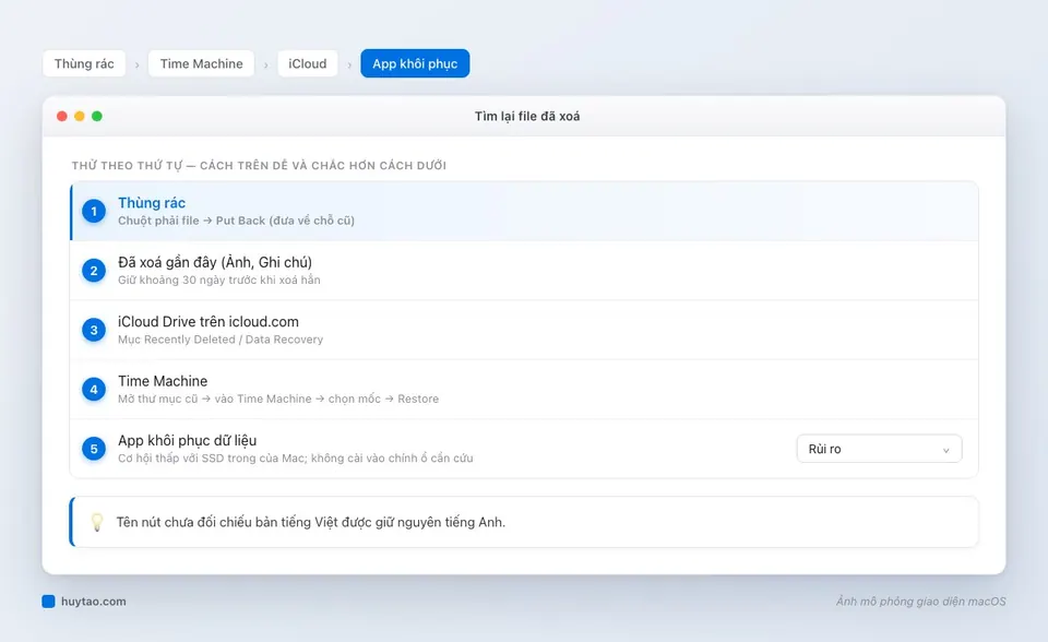 Thứ tự khôi phục file đã xoá trên Mac