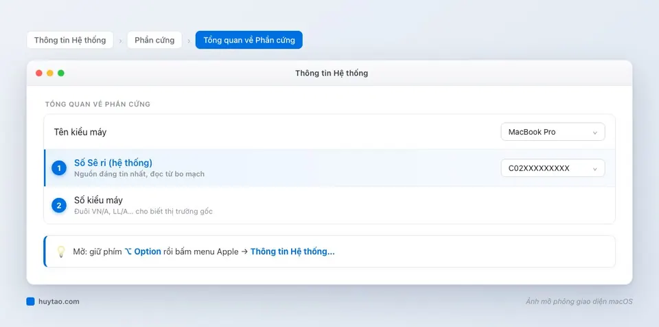 Thông tin Hệ thống hiển thị Số Sê ri hệ thống trên MacBook