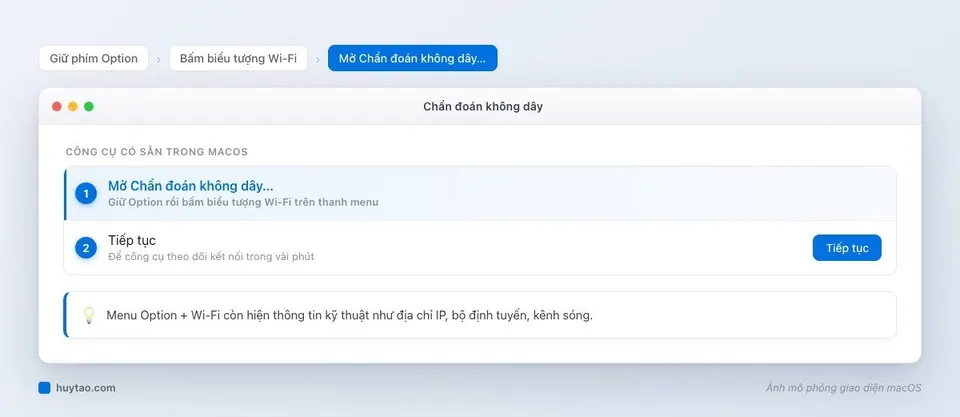 Mô phỏng các bước mở Chẩn đoán không dây bằng cách giữ Option và bấm biểu tượng Wi-Fi