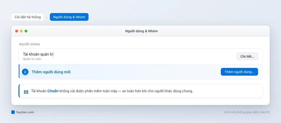 Mục Người dùng & Nhóm trong Cài đặt hệ thống macOS với nút thêm người dùng
