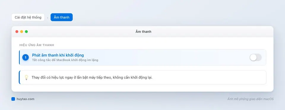 Công tắc Phát âm thanh khi khởi động trong Cài đặt hệ thống → Âm thanh