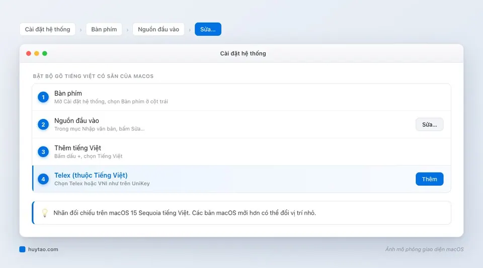 Bật bộ gõ tiếng Việt Telex có sẵn trên macOS