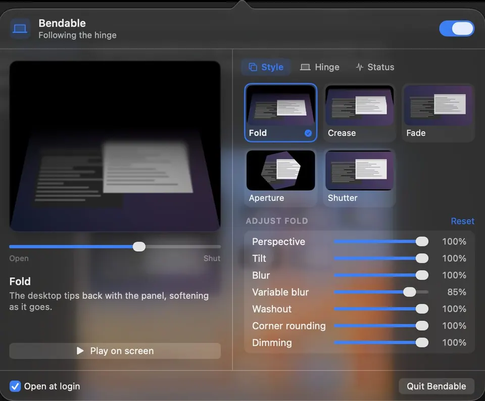 Popover trên menu bar với các kiểu hiệu ứng và thanh tinh chỉnh. (Ảnh: GitHub opensourcevillain/Bendable)