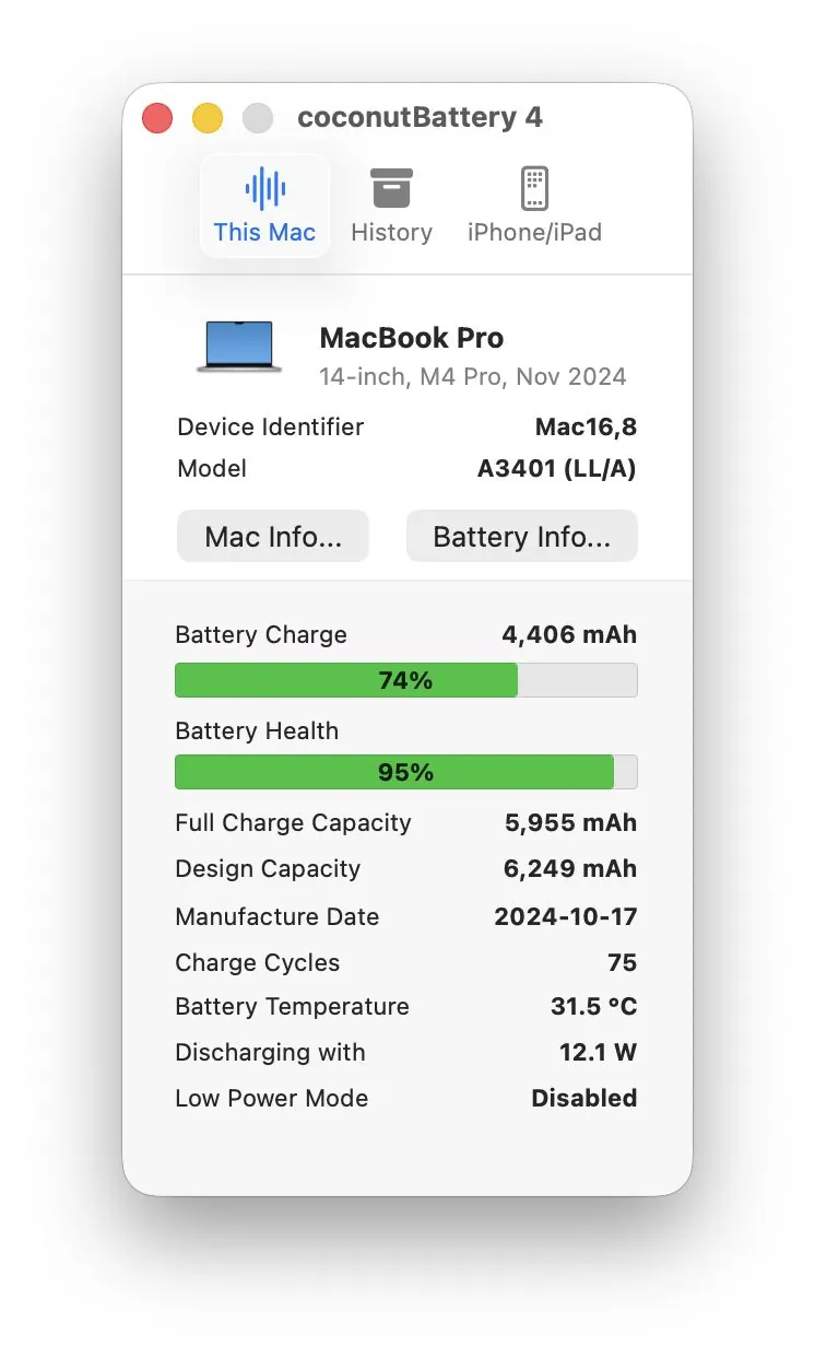 coconutBattery: dung lượng, số lần sạc và nhiệt độ pin MacBook. (Ảnh: coconut-flavour.com)