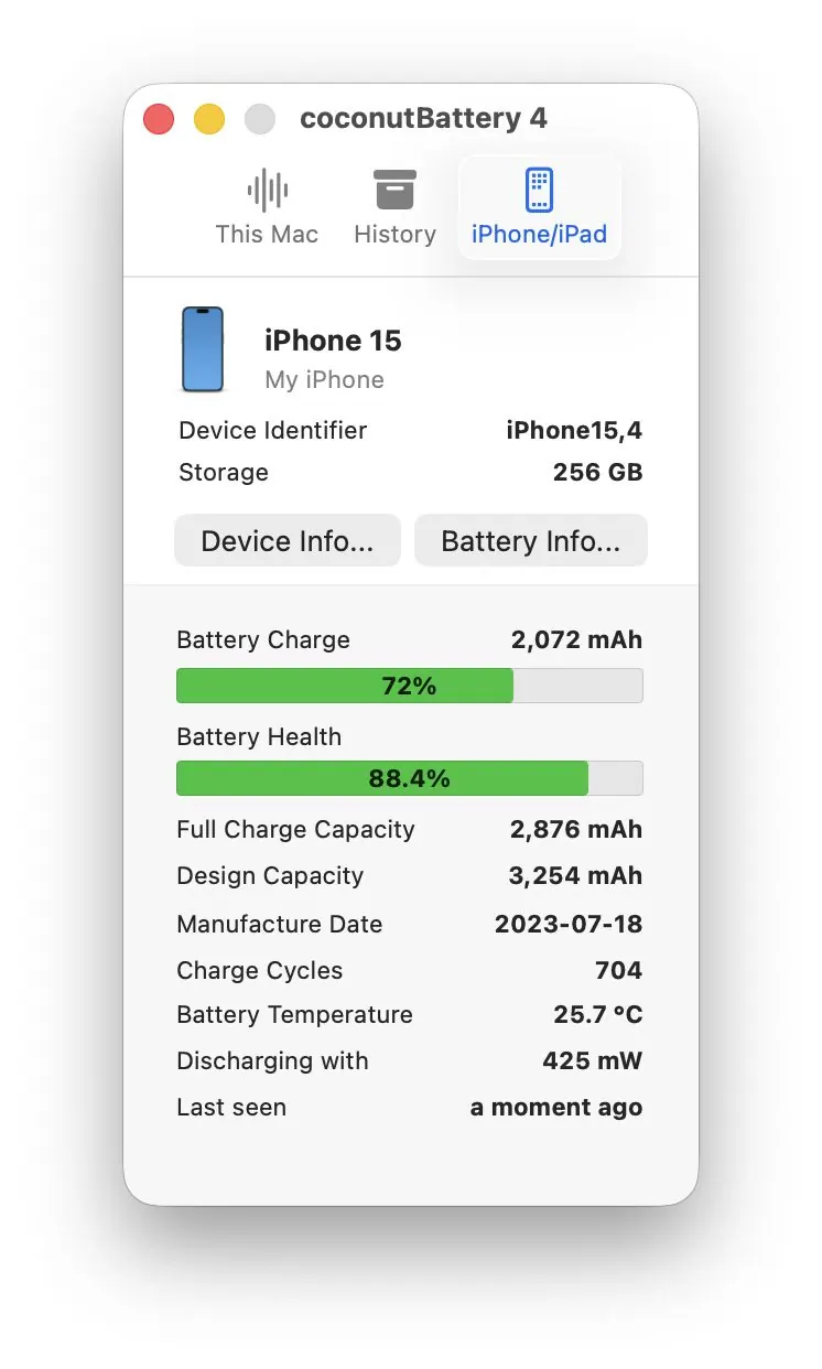 Đọc tình trạng pin iPhone cắm vào Mac. (Ảnh: coconut-flavour.com)