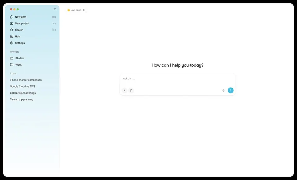 Giao diện chat của Jan trên macOS với danh sách dự án và hội thoại. (Ảnh: Jan)