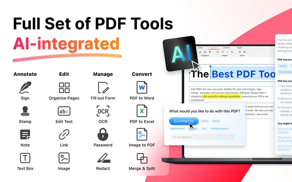 Bộ công cụ PDF đầy đủ tích hợp AI của PDFgear. (Ảnh: App Store)
