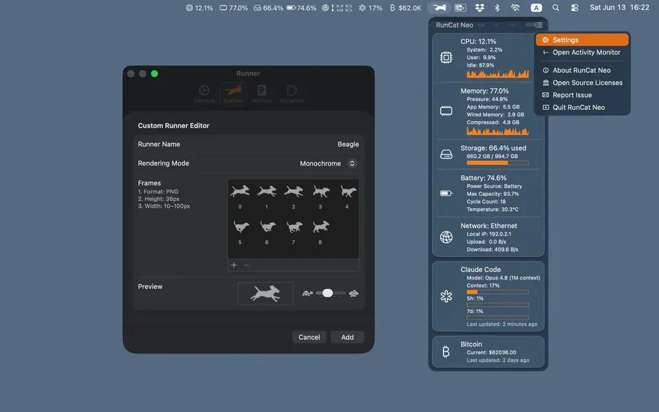 Trình tạo nhân vật chạy tuỳ chỉnh trong RunCat Neo. (Ảnh: Mac App Store)
