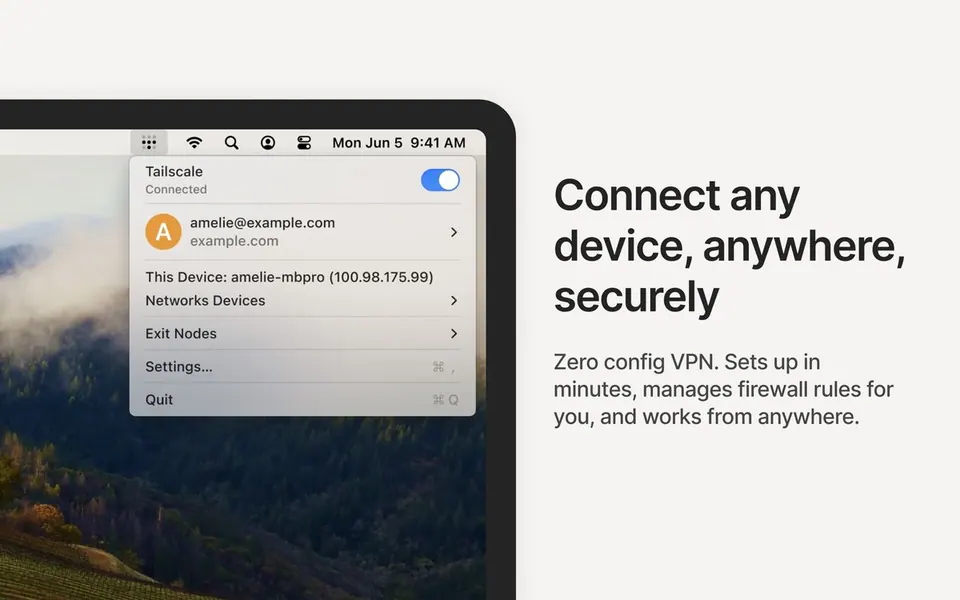 Menu Tailscale trên thanh menu macOS với danh sách thiết bị. (Ảnh: App Store)