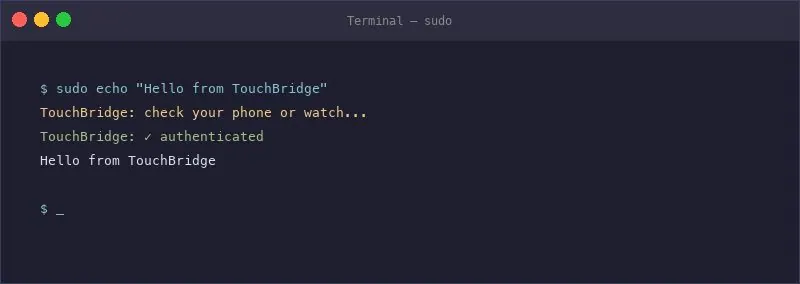 Lệnh sudo trên Mac được xác thực qua điện thoại với TouchBridge. (Ảnh: GitHub HMAKT99/UnTouchID)