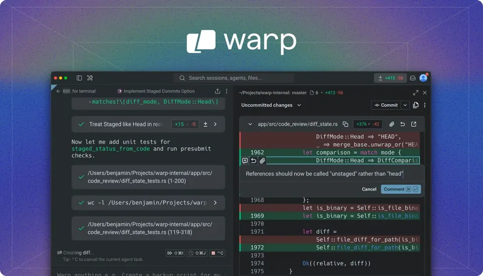 Warp: agent AI làm việc song song với terminal và code. (Ảnh: GitHub warpdotdev/Warp)