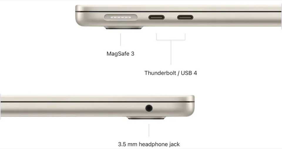 Cổng MagSafe 3 và hai cổng Thunderbolt trên MacBook Air