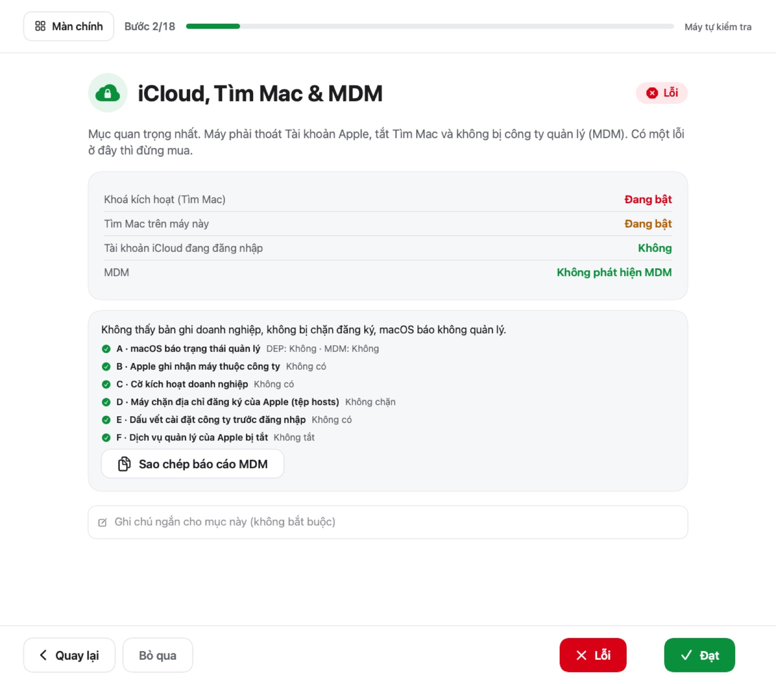 Bước kiểm tra iCloud, Tìm Mac và MDM trong MacCheck