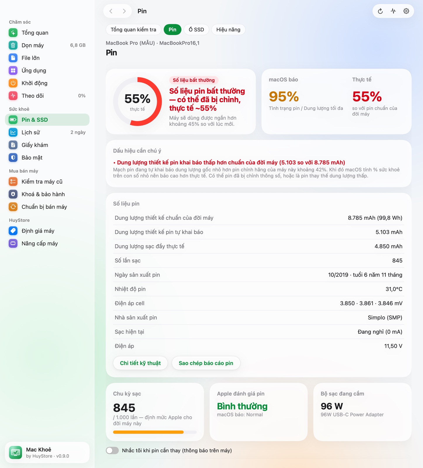 Trang Pin của Mac Khoẻ: % macOS báo cạnh % thực tế — dữ liệu minh hoạ
