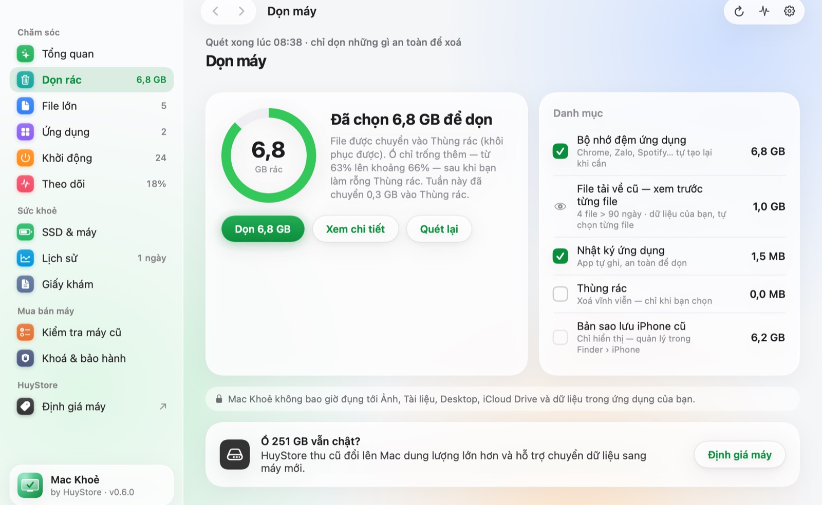 Màn Dọn máy của Mac Khoẻ với các mục rác được chọn sẵn