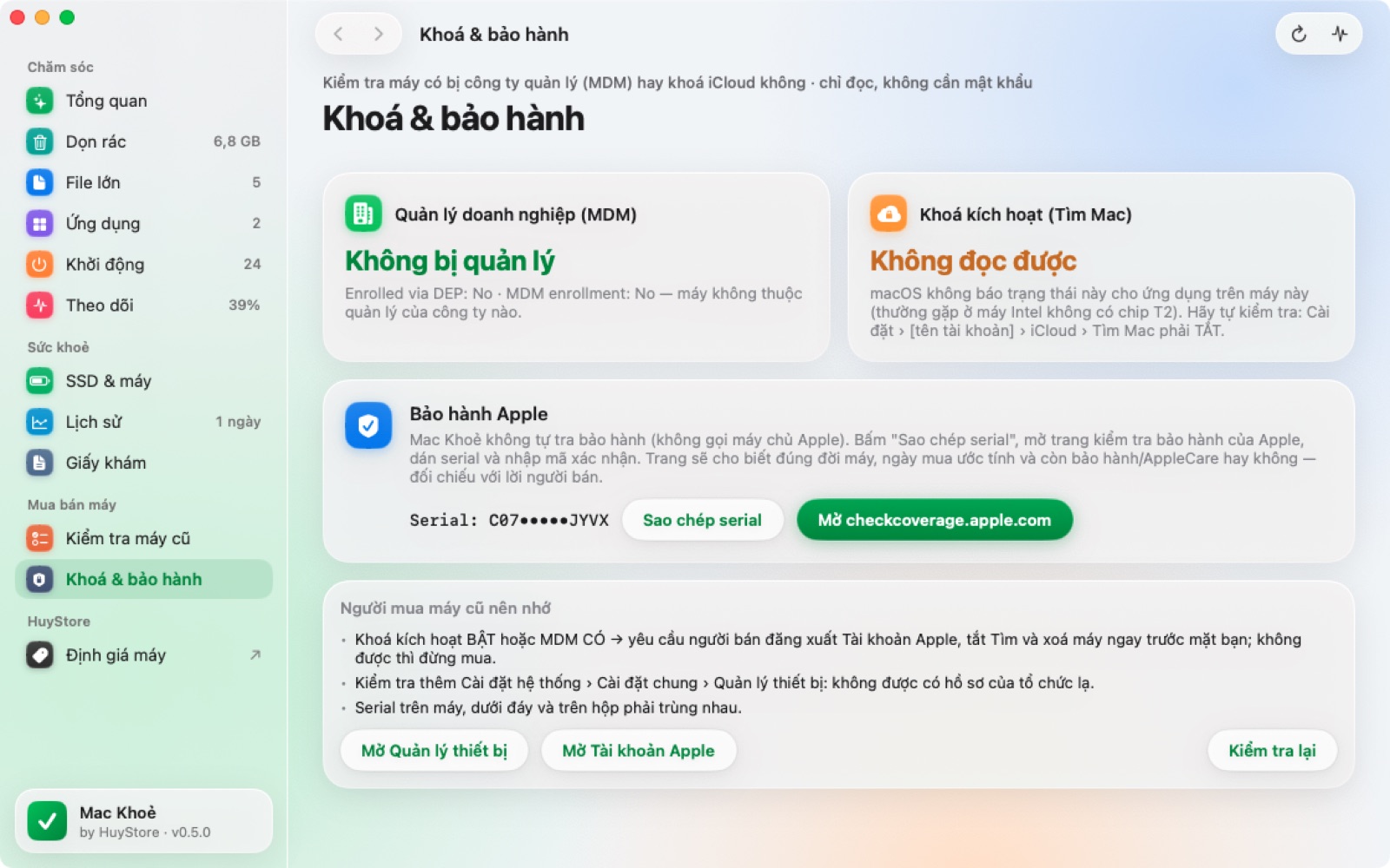 Trang Khoá và bảo hành của Mac Khoẻ hiện trạng thái MDM và Khoá kích hoạt