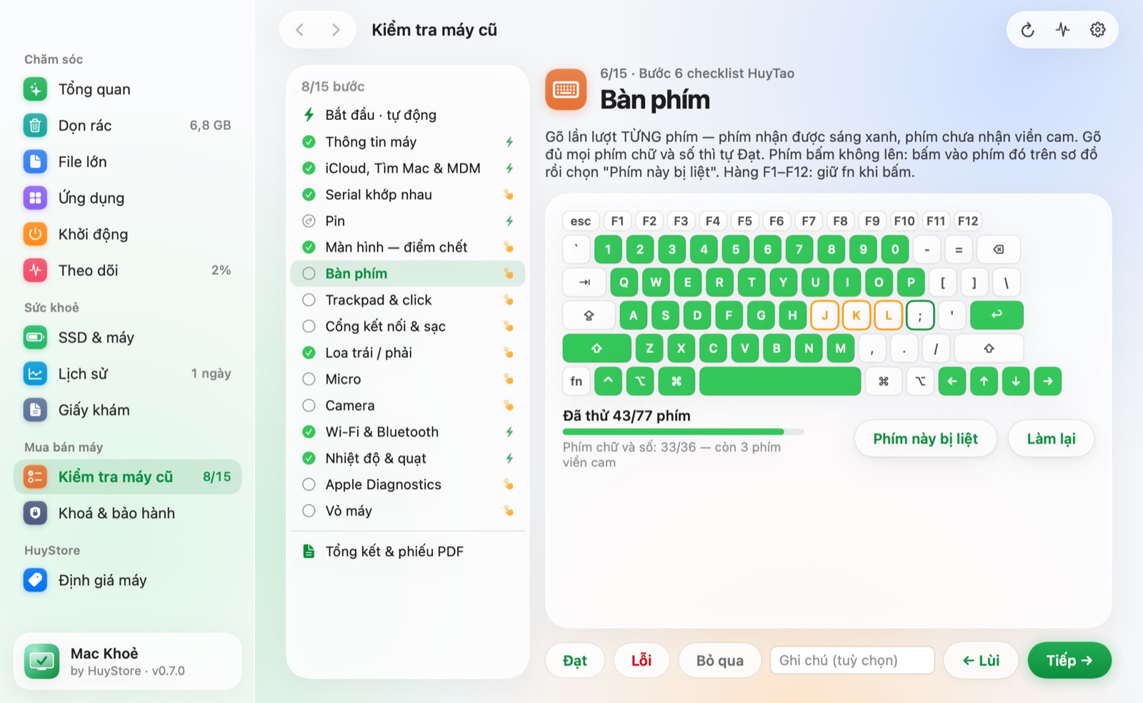 Bước kiểm tra bàn phím với sơ đồ phím sáng lên khi gõ trong Mac Khoẻ