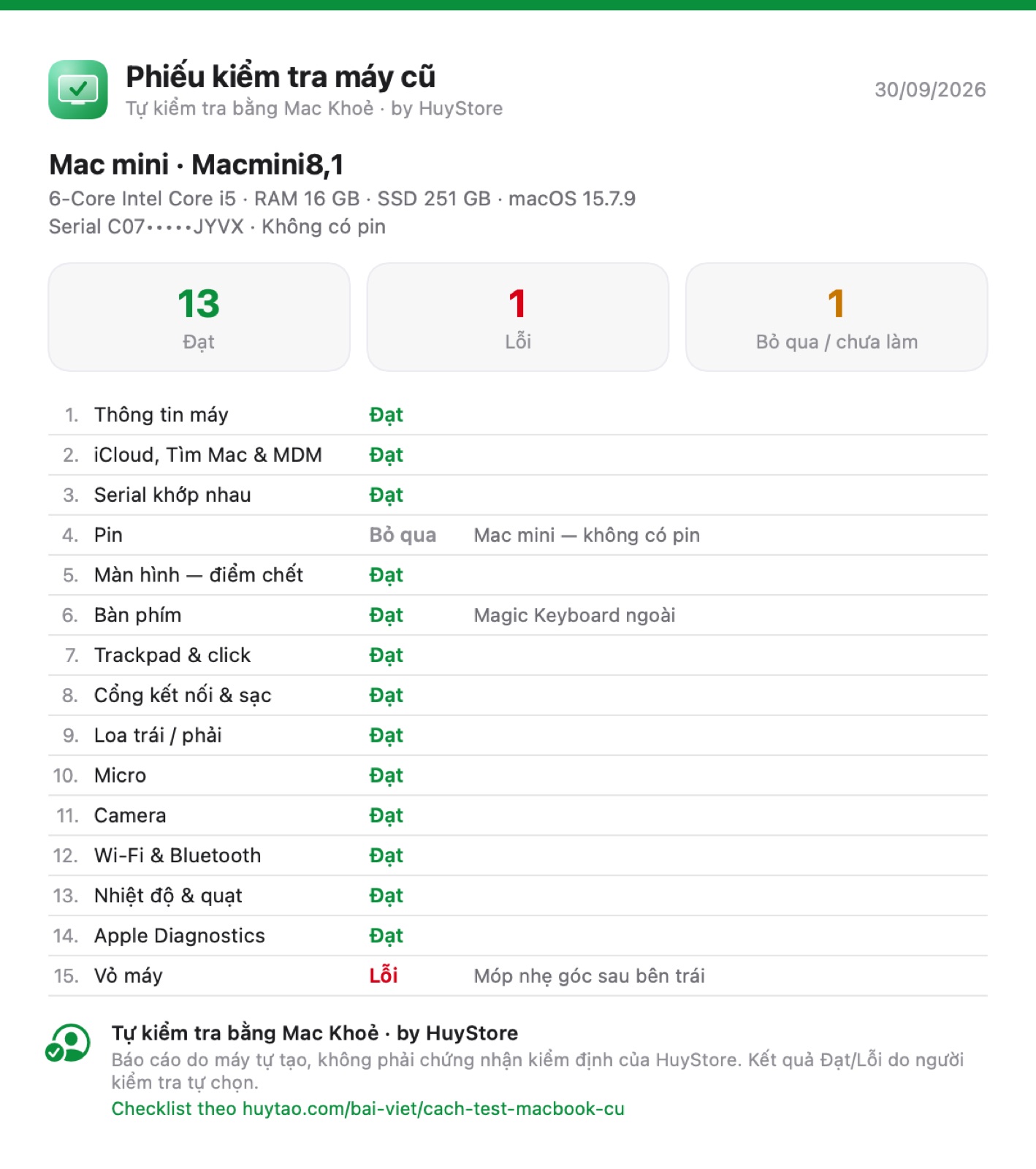 Phiếu kiểm tra máy cũ dạng PDF do Mac Khoẻ tạo, ghi rõ tự kiểm tra